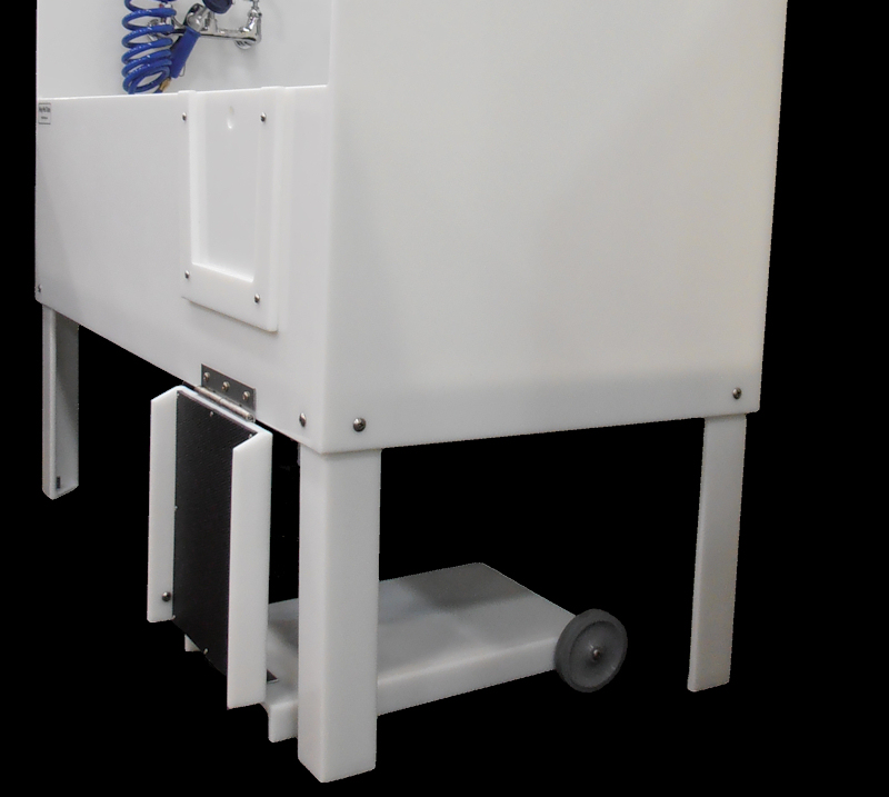 Hinged ramp in extended and retracted positions.